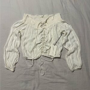 Cotton Candy LA Cream Lace-Up Smocked Blouse